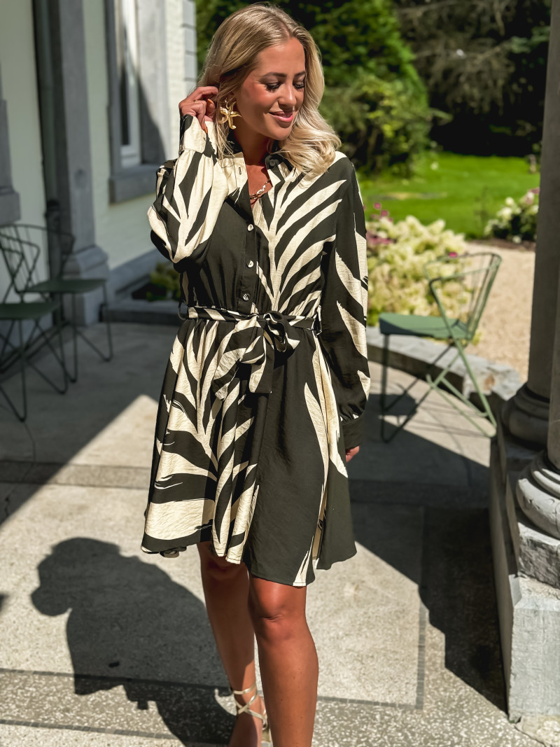 Robe courte à motifs Caroline Kaki/Écru