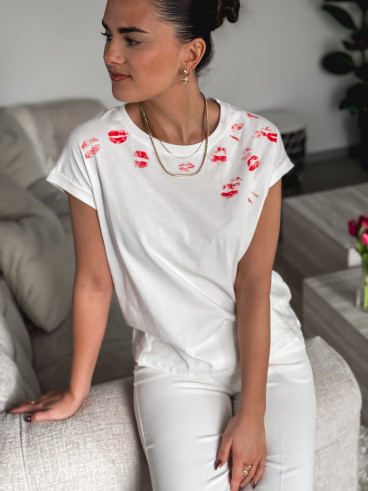 T-shirt "Bisous" - Blanc/Rouge