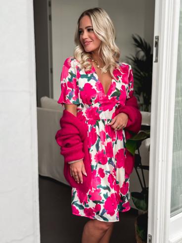 Robe courte à fleurs Daniela - Fuchsia/Ecru