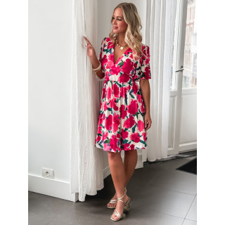 Robe courte à fleurs Daniela - Fuchsia/Ecru