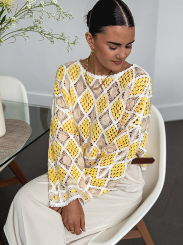 Blouse en crochet Roselyne - Jaune/Beige