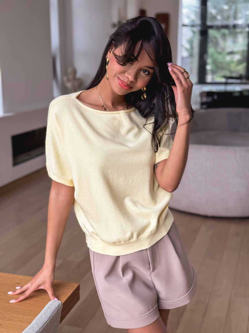 Pull Manches Courtes Femme Chaus Vintage 80's Jaune Taille L - Laine D'agneau Et Angora