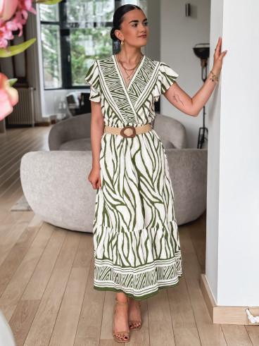 Robe longue à motifs Nehuda - Ecru/Vert