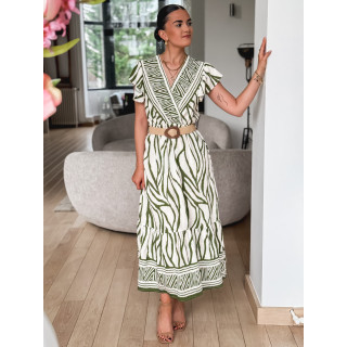 Robe longue à motifs Nehuda - Ecru/Vert