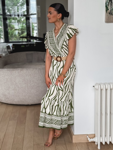 Robe longue à motifs Nehuda - Ecru/Vert