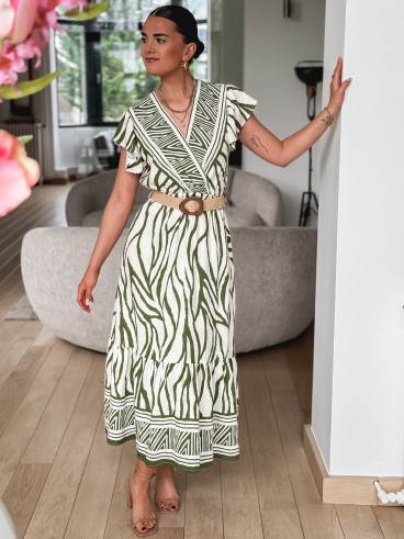 Robe longue à motifs Nehuda - Ecru/Vert