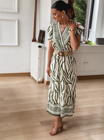 Robe longue à motifs Nehuda - Ecru/Vert