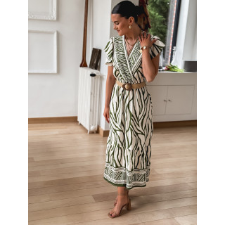 Robe longue à motifs Nehuda - Ecru/Vert