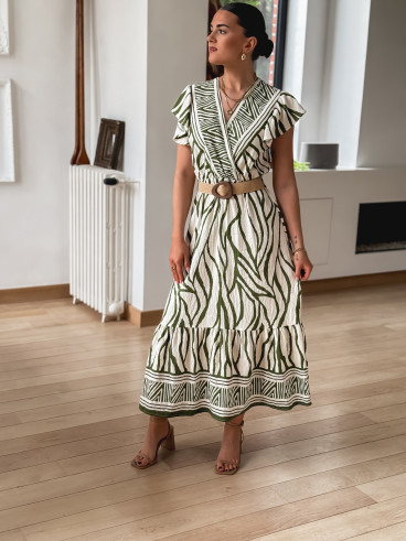 Robe longue à motifs Nehuda - Ecru/Vert