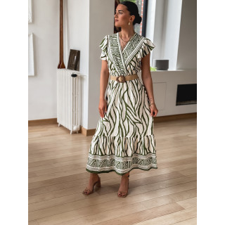 Robe longue à motifs Nehuda - Ecru/Vert