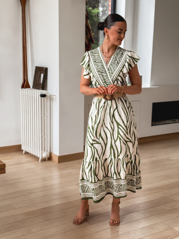 Robe longue à motifs Nehuda - Ecru/Vert