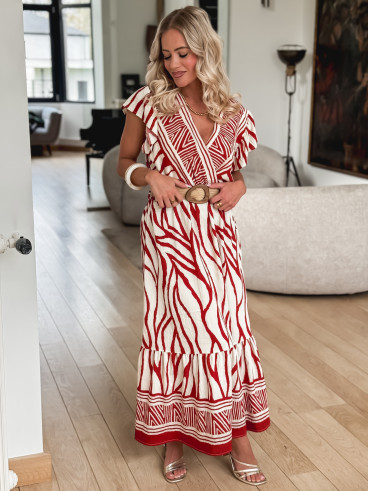 Robe longue à motifs Nehuda -Ecru/Rouge