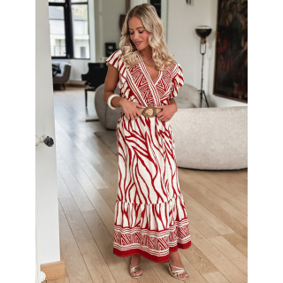 Robe longue à motifs Nehuda -Ecru/Rouge