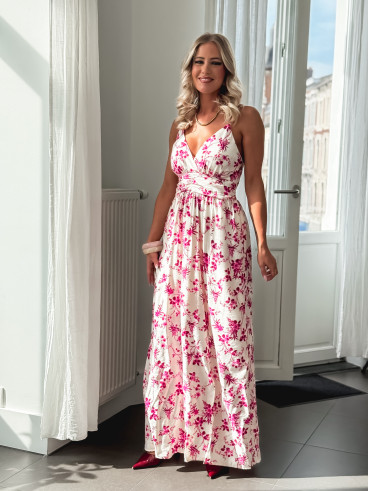 Robe longue à fleurs Véronica - Ecru/Fuchsia