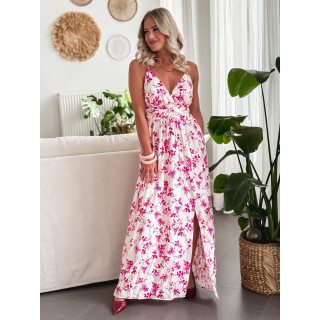 Robe longue à fleurs Véronica - Ecru/Fuchsia