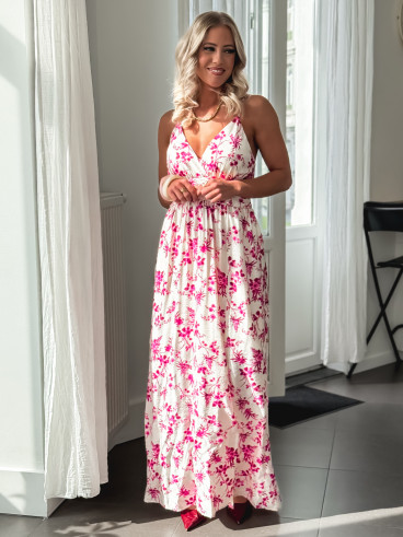 Robe longue à fleurs Véronica - Ecru/Fuchsia