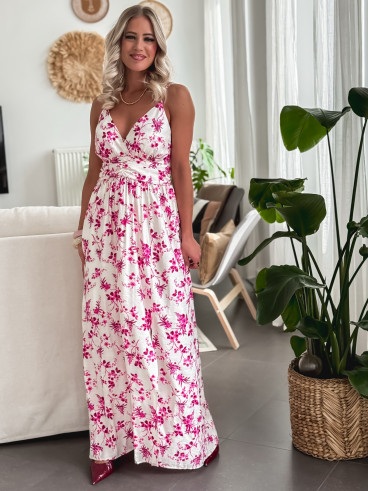 Robe longue à fleurs Véronica - Ecru/Fuchsia