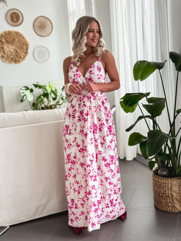 Robe longue à fleurs Véronica - Ecru/Fuchsia