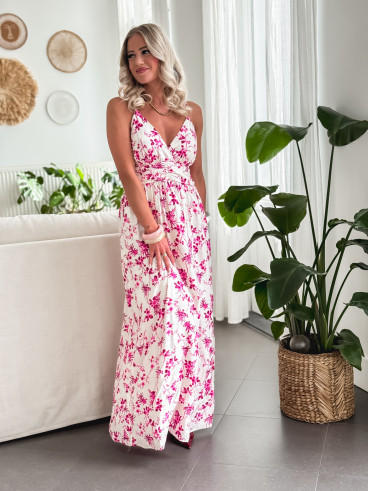 Robe longue à fleurs Véronica - Ecru/Fuchsia