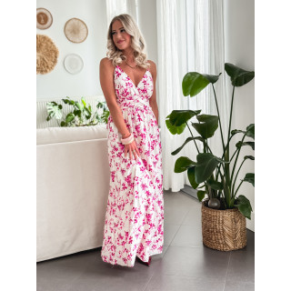 Robe longue à fleurs Véronica - Ecru/Fuchsia