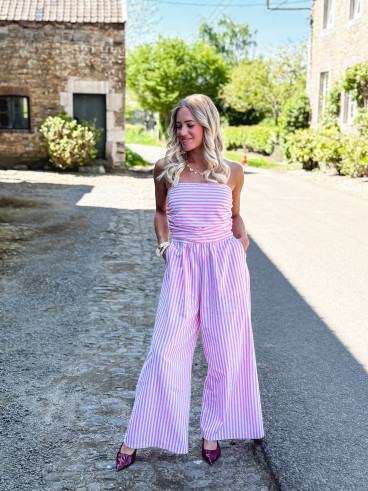 Combinaison pantalon lignée Stacie - Blanc/Rose