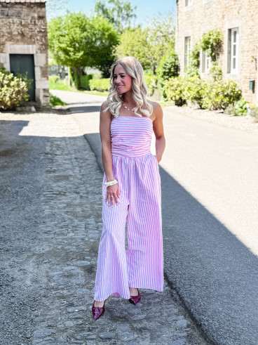 Combinaison pantalon lignée Stacie - Blanc/Rose