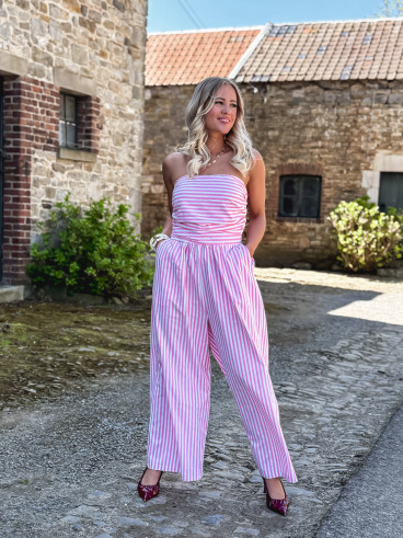 Combinaison pantalon lignée Stacie - Blanc/Rose