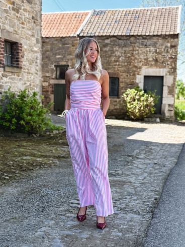 Combinaison pantalon lignée Stacie - Blanc/Rose