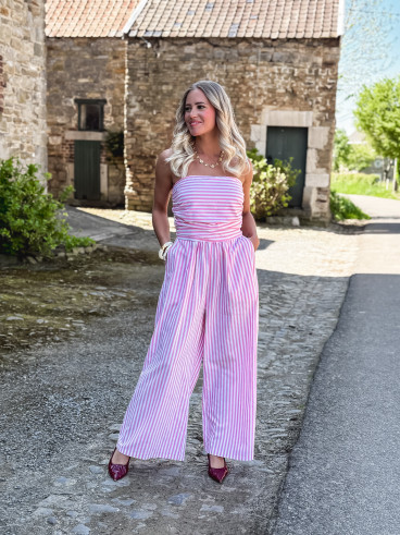 Combinaison pantalon lignée Stacie - Blanc/Rose