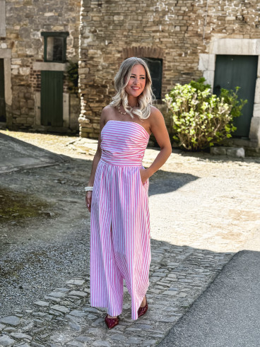 Combinaison pantalon lignée Stacie - Blanc/Rose