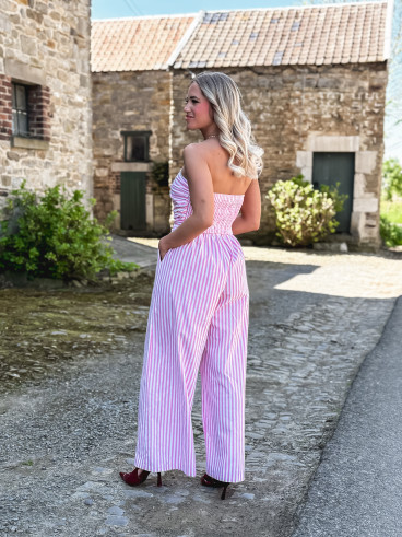 Combinaison pantalon lignée Stacie - Blanc/Rose