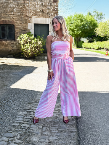 Combinaison pantalon lignée Stacie - Blanc/Rose
