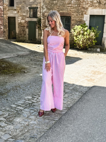 Combinaison pantalon lignée Stacie - Blanc/Rose