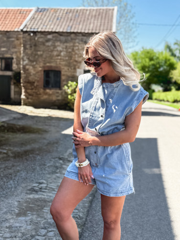 Combinaison short en jeans Michela - Bleu