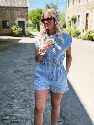 Combinaison short en jeans Michela - Bleu