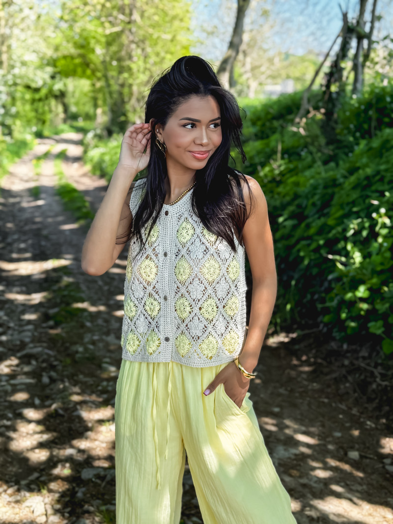 Gilet en crochet Adélia - Jaune/Beige