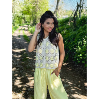 Gilet en crochet Adélia - Jaune/Beige