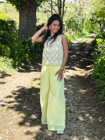 Gilet en crochet Adélia - Jaune/Beige
