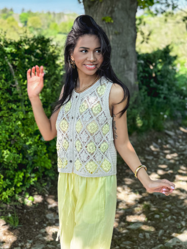 Gilet en crochet Adélia - Jaune/Beige