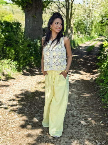 Gilet en crochet Adélia - Jaune/Beige
