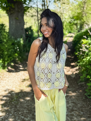 Gilet en crochet Adélia - Jaune/Beige