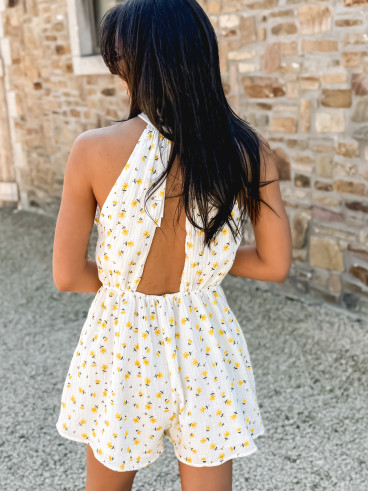 Combinaison short à fleurs Alysse - Blanc