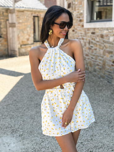 Combinaison short à fleurs Alysse - Blanc