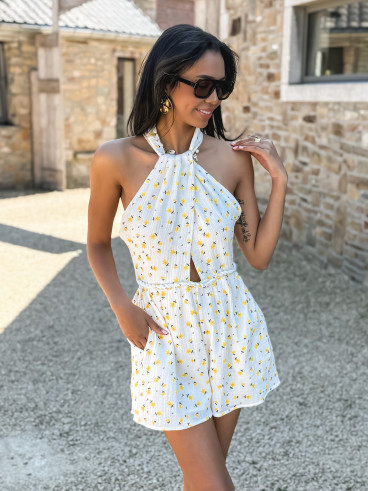 Combinaison short à fleurs Alysse - Blanc