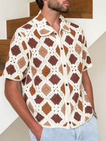 Chemise en crochet Paolo - Ecru/Choco