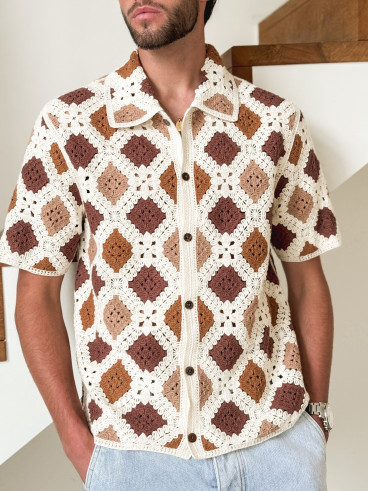 Chemise en crochet Paolo - Ecru/Choco