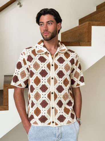 Chemise en crochet Paolo - Ecru/Choco