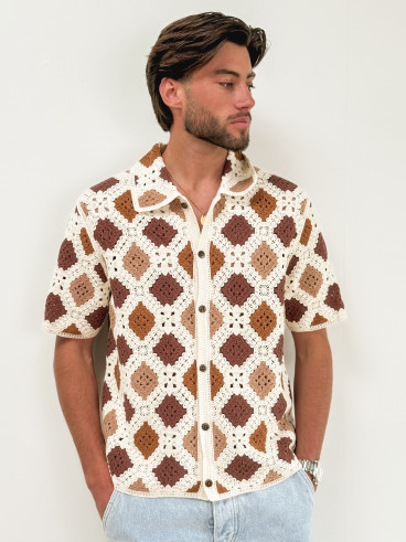 Chemise en crochet Paolo - Ecru/Choco