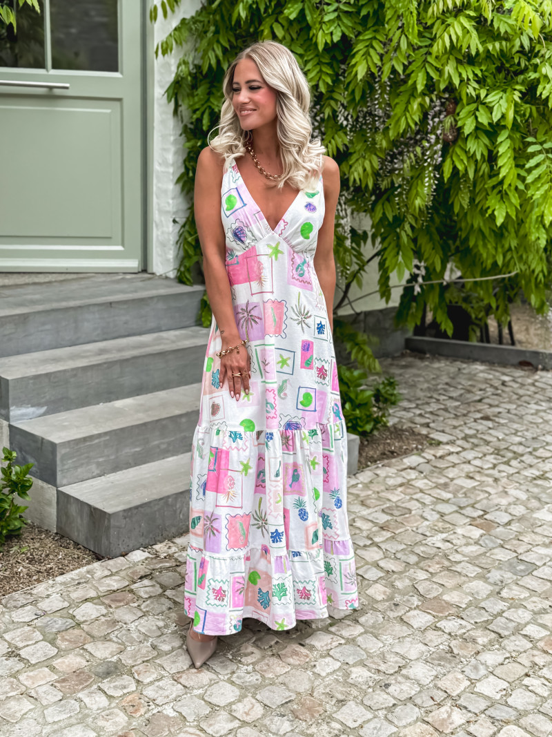 Robe longue à motifs Méditerranée - Ecru