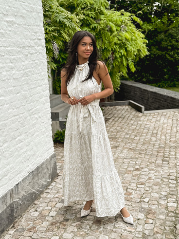 Robe longue à motifs Eléonora - Ecru/Doré